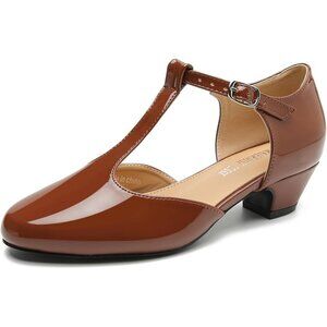 Maiernisi Jessi Size 12.5 (45) T-Strap Low Chunky Heel Mary Jane Pumps Brown